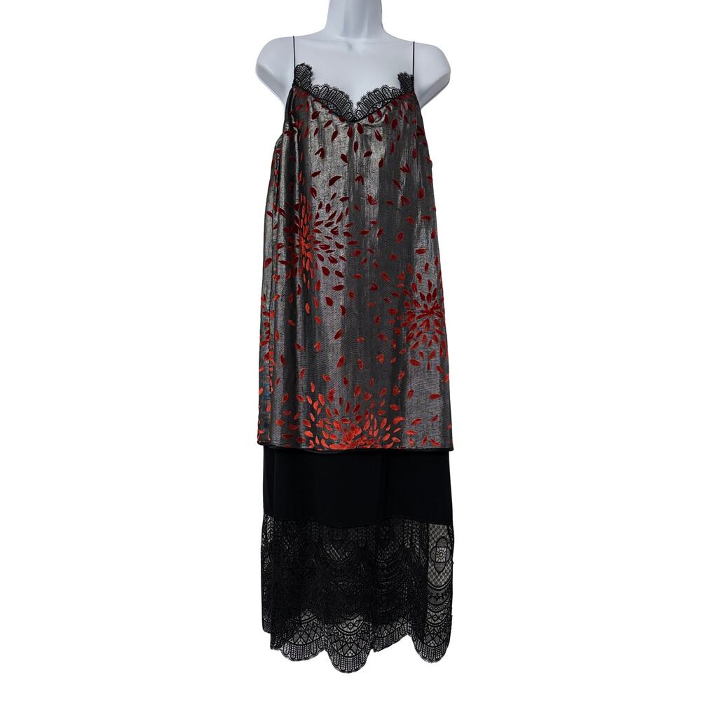 Cinq a Sept Red Metallic Floral Black Weave Trim Sleeveless A-Line Dress Size 10